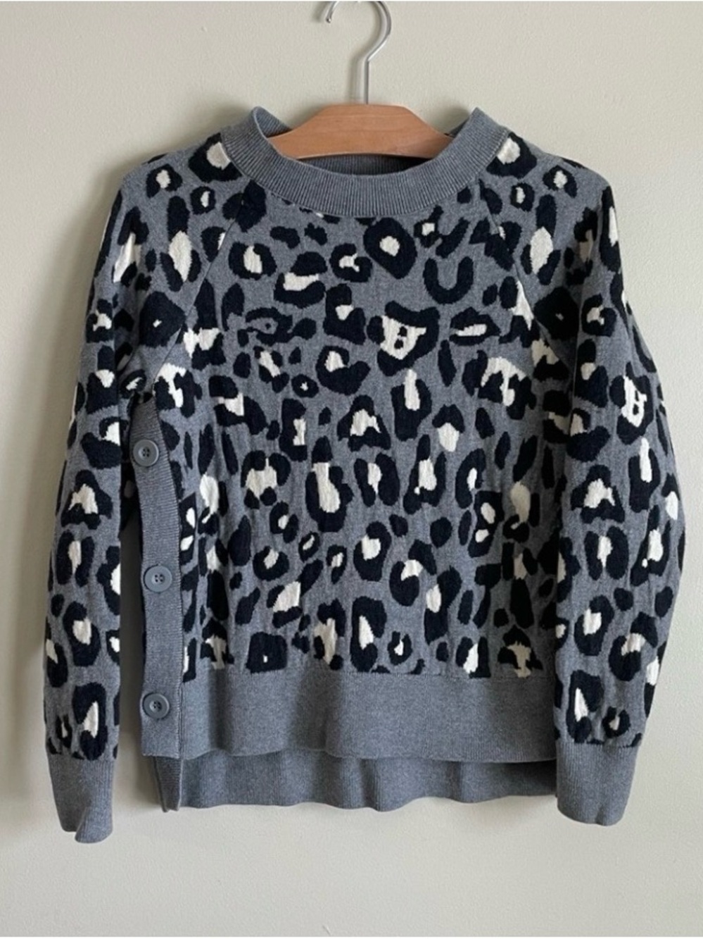 Stella & Dot Gray Leopard-Print Button Side Crewneck Sweater